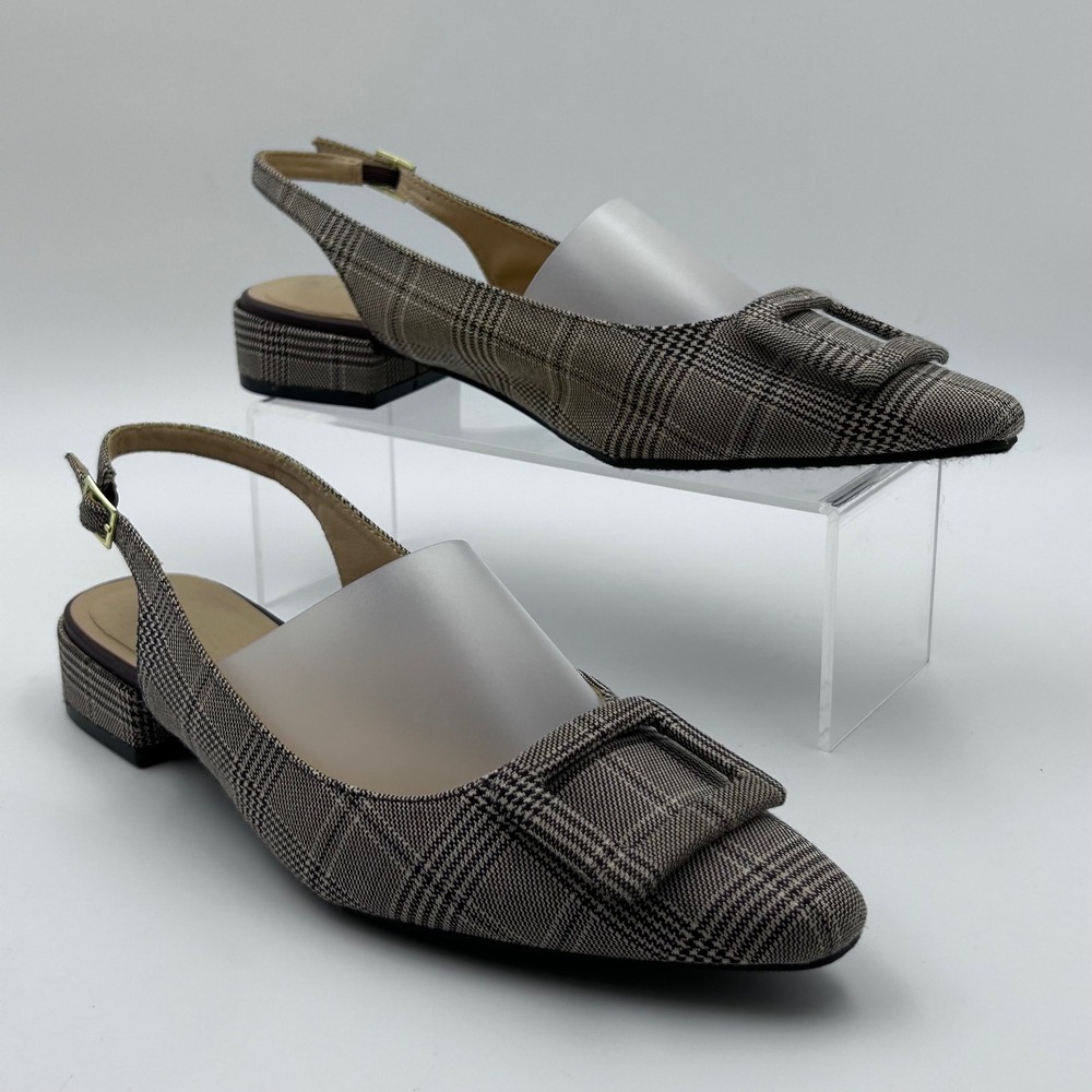 CL by Laundry Slingback Heels Womens 8.5 Brown Plaid‎ Buckle Pointed Toe Preppy